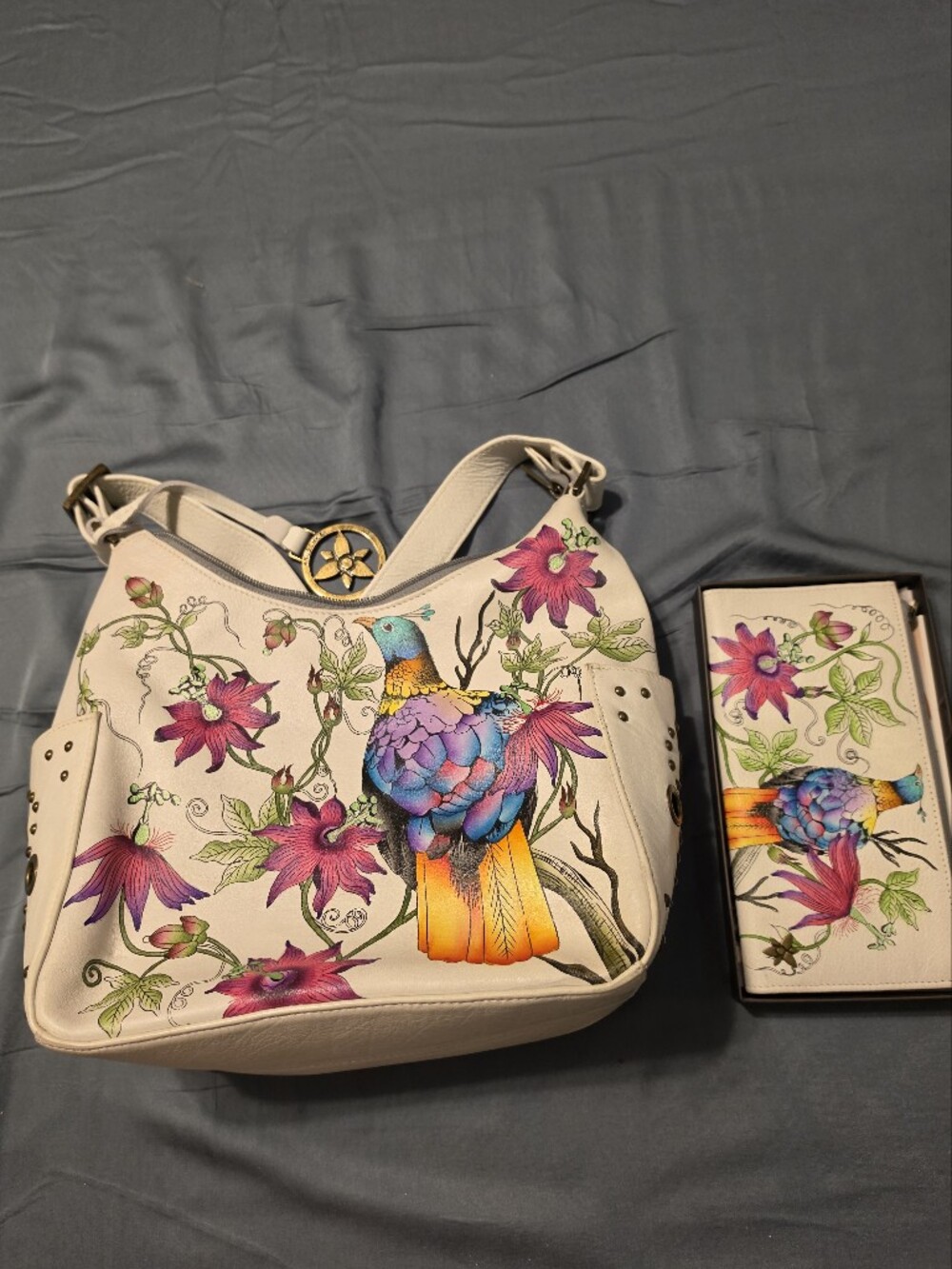 Anuschka Exquisitely Hand-painted Matching Leather Hobo Bag and Wallet EUC